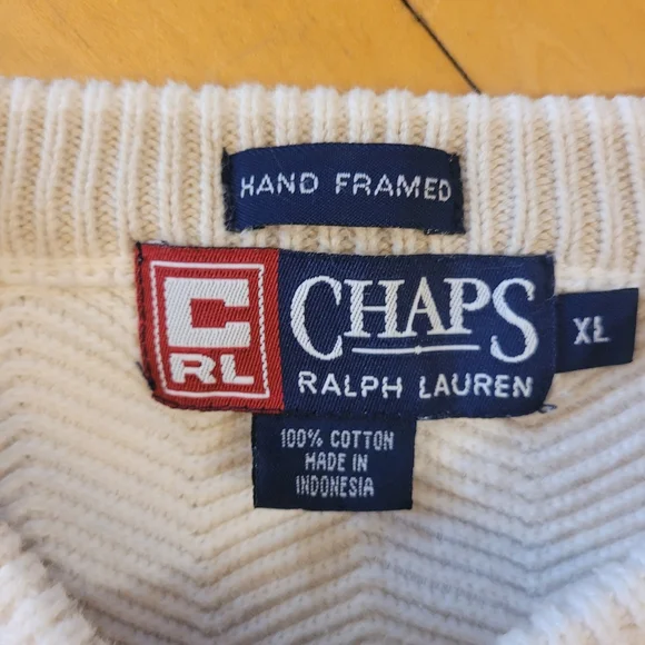 Men's Crewneck Ivory White Sweater Ralph Lauren Chaps Size XL EUC Vintage Preppy - Picture 3 of 7